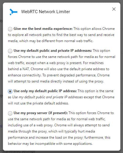 impostazioni del limitatore del webrtc di Chrome